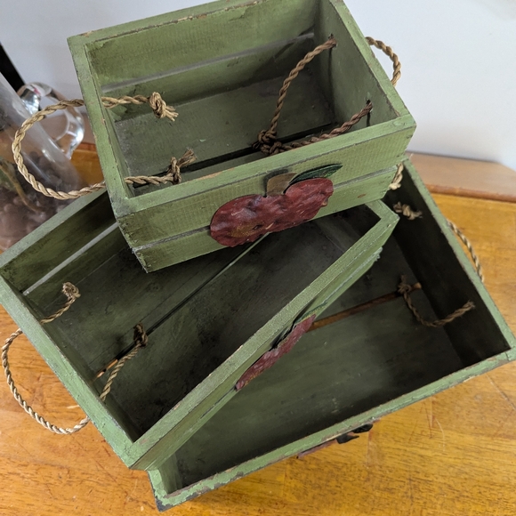 Adorable 3pc Apple Green Wooden Crates With Handles - Picture 7 of 13